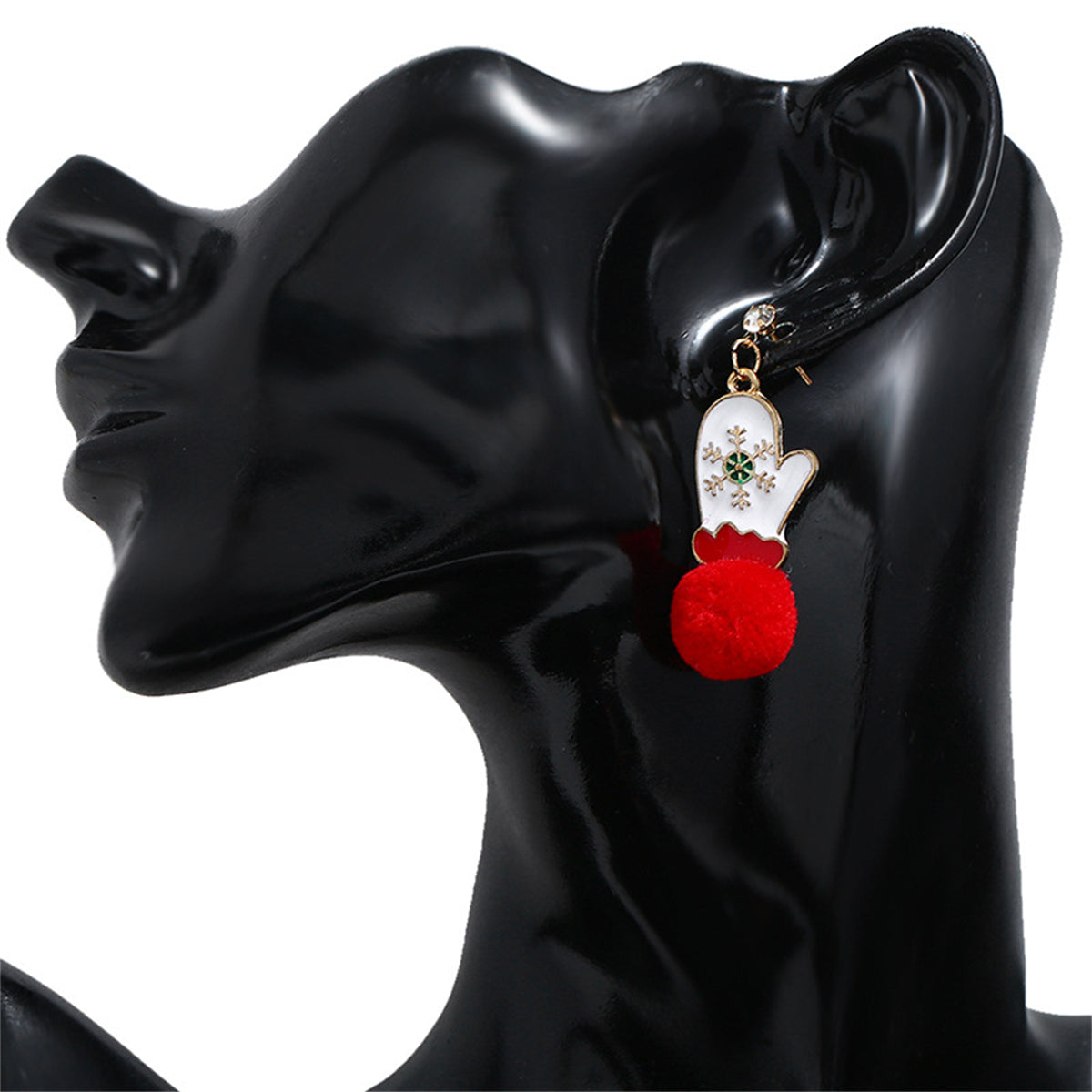 Red and White Snowflake Mittens Pom-Pom Drop Earrings, drop earrings for women, dainty minimalist design, side view