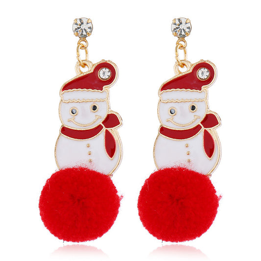 Cubic Zirconia and Red Snowman Pom-Pom Drop Earrings, drop earrings for women, vintage-inspired design, front view