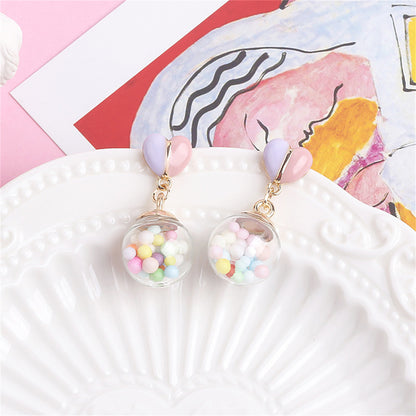 Pink Multicolor and 18K Gold-Plated Heart Ball Drop Earrings, gold drop earrings for women, detail close-up