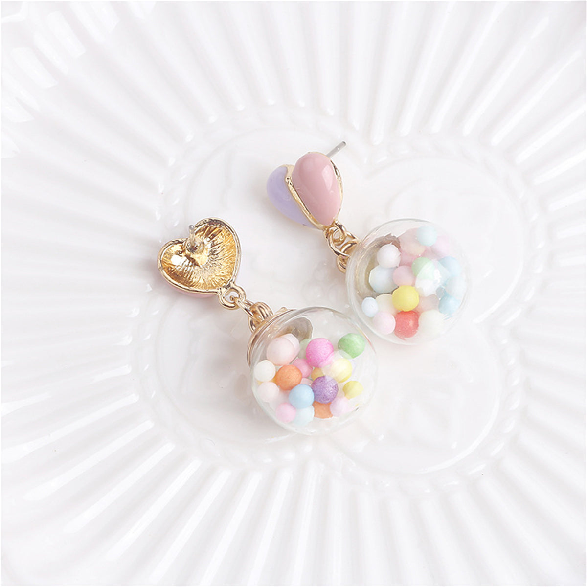 Pink Multicolor and 18K Gold-Plated Heart Ball Drop Earrings, gold drop earrings for women, lifestyle look