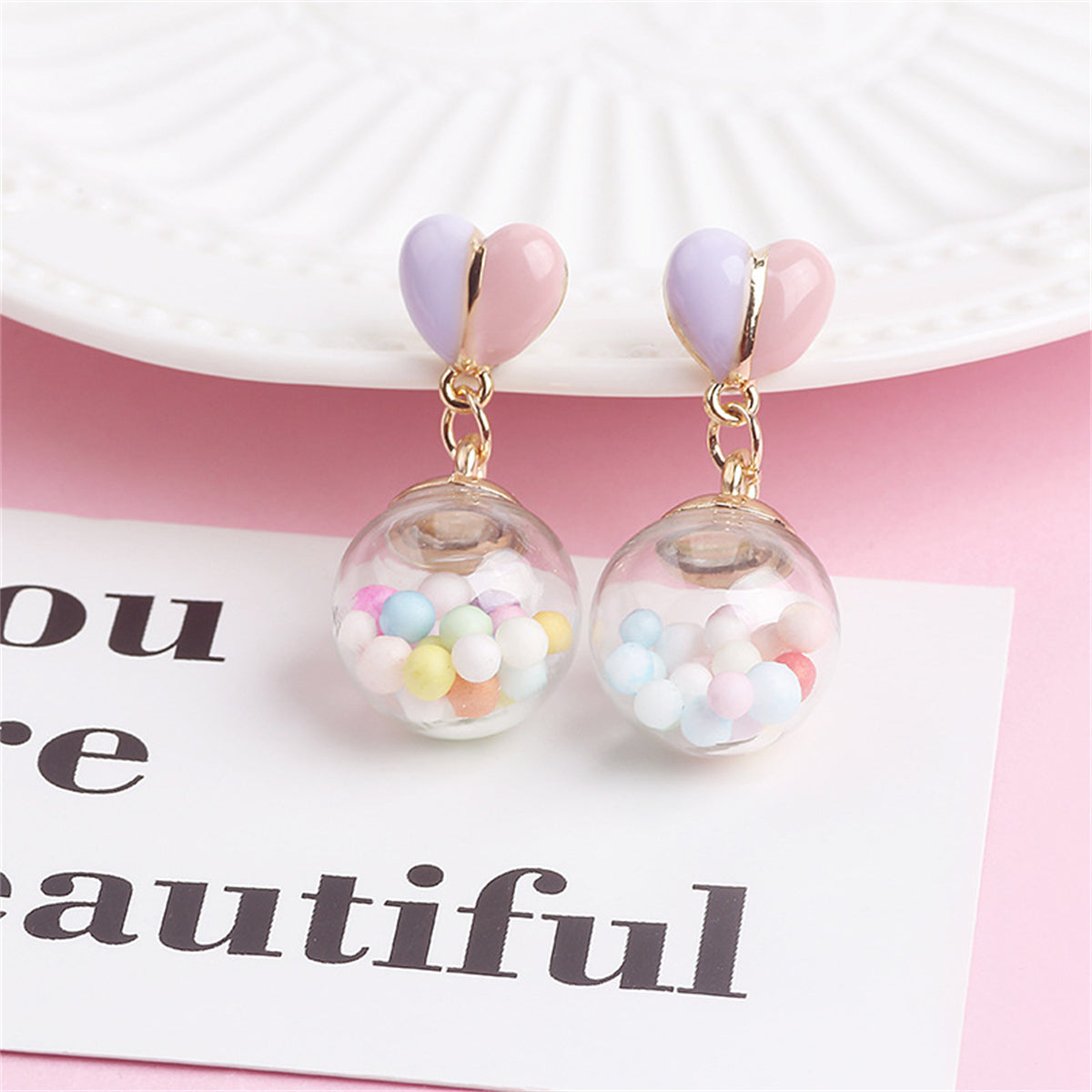 Pink Multicolor and 18K Gold-Plated Heart Ball Drop Earrings, gold drop earrings for women, elegant gift for her, front view