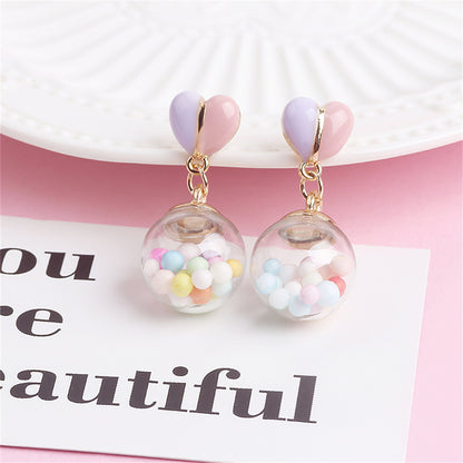 Pink Multicolor and 18K Gold-Plated Heart Ball Drop Earrings, gold drop earrings for women, elegant gift for her, front view