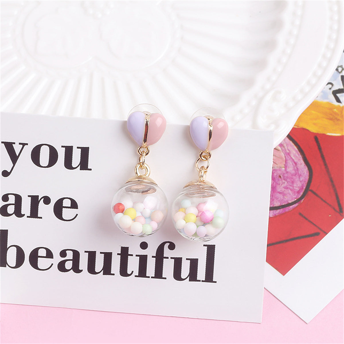 Pink Multicolor & 18K Gold-Plated Heart Ball Drop Earrings
