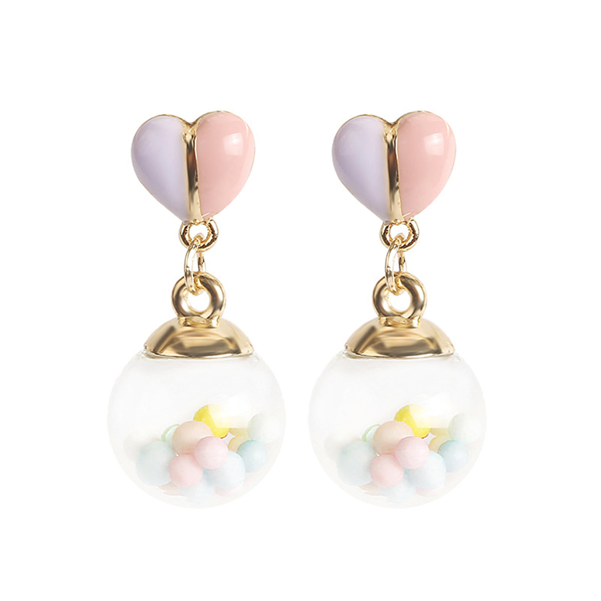 Pink Multicolor and 18K Gold-Plated Heart Ball Drop Earrings, gold drop earrings for women, elegant gift for her, styled look