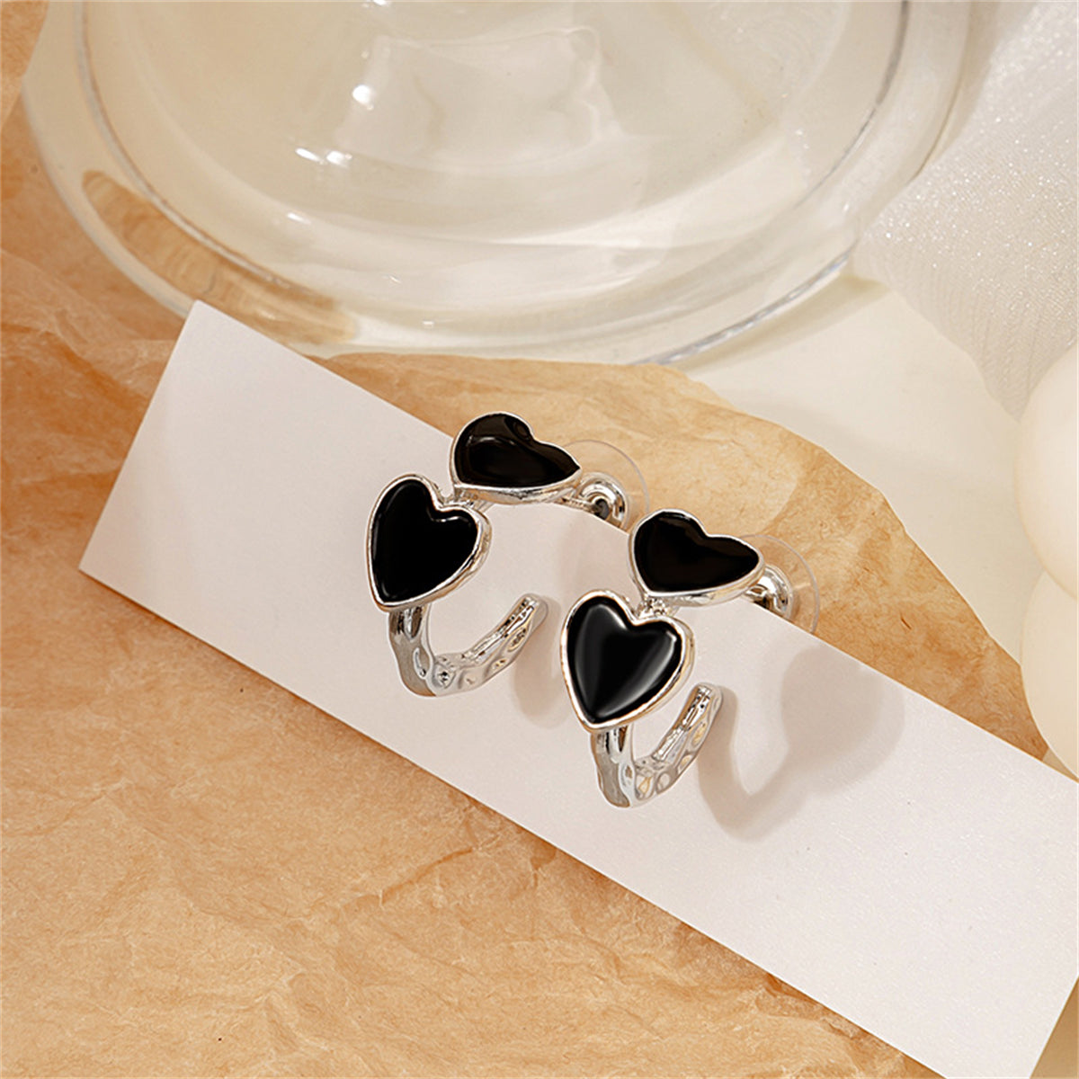 Black Enamel and Silver-Plated Heart Huggie Earrings, silver huggie earrings, elegant gift for her, side view