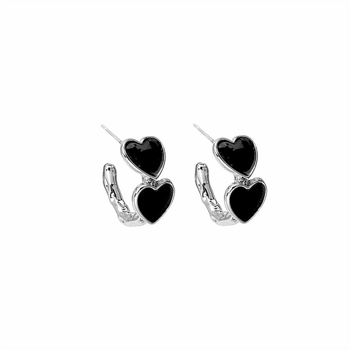 Black Enamel and Silver-Plated Heart Huggie Earrings, silver huggie earrings, elegant gift for her, styled look