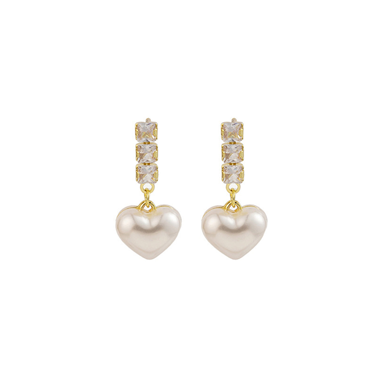 Crystal and Pearl 18K Gold-Plated Heart Drop Earrings, gold drop earrings for women, dainty minimalist design, front view