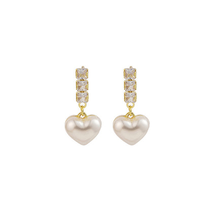 Crystal and Pearl 18K Gold-Plated Heart Drop Earrings, gold drop earrings for women, dainty minimalist design, front view