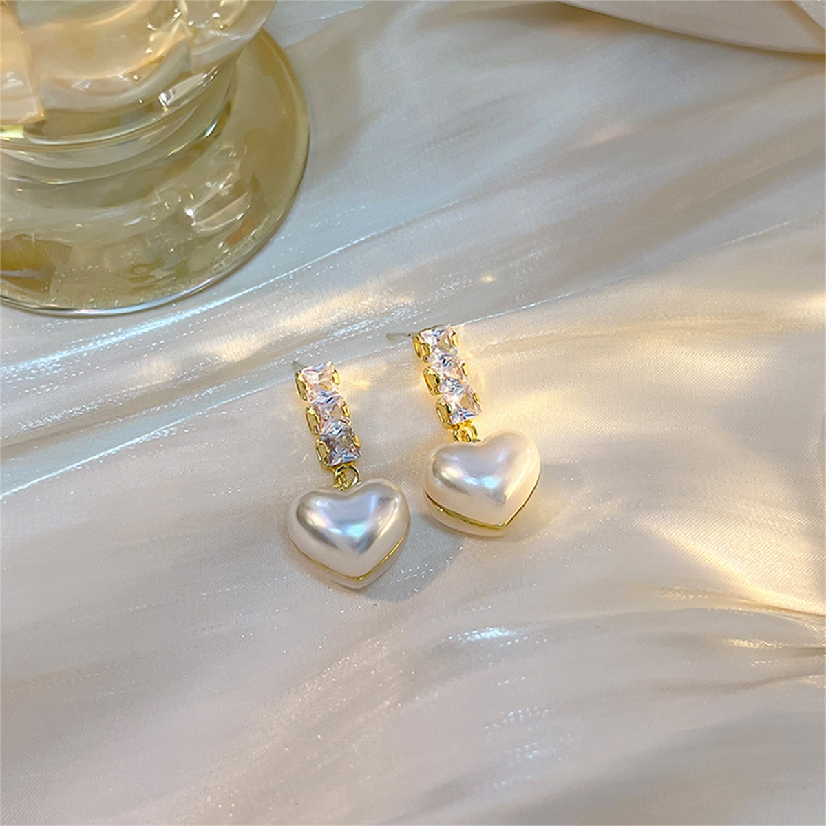 Crystal and Pearl 18K Gold-Plated Heart Drop Earrings, gold drop earrings for women, dainty minimalist design, lifestyle look