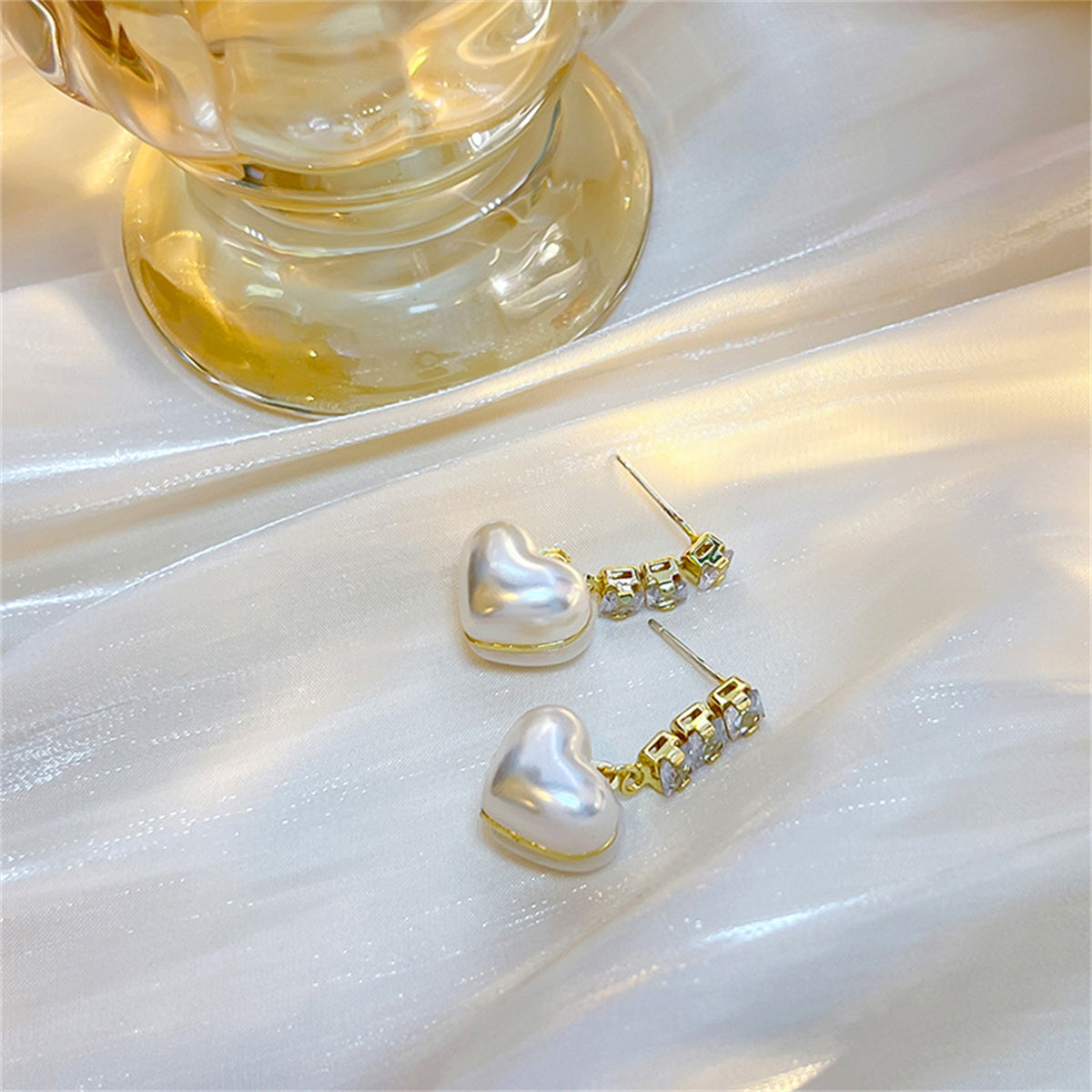 Crystal and Pearl 18K Gold-Plated Heart Drop Earrings, gold drop earrings for women, dainty minimalist design, side view