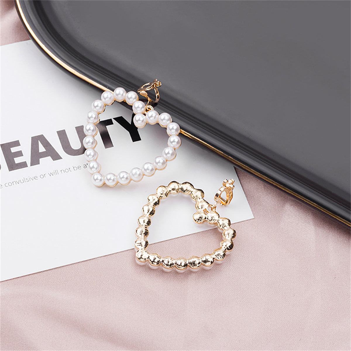 Pearl and 18K Gold-Plated Openwork Heart Drop Earrings, gold drop earrings for women, elegant gift for her, side view
