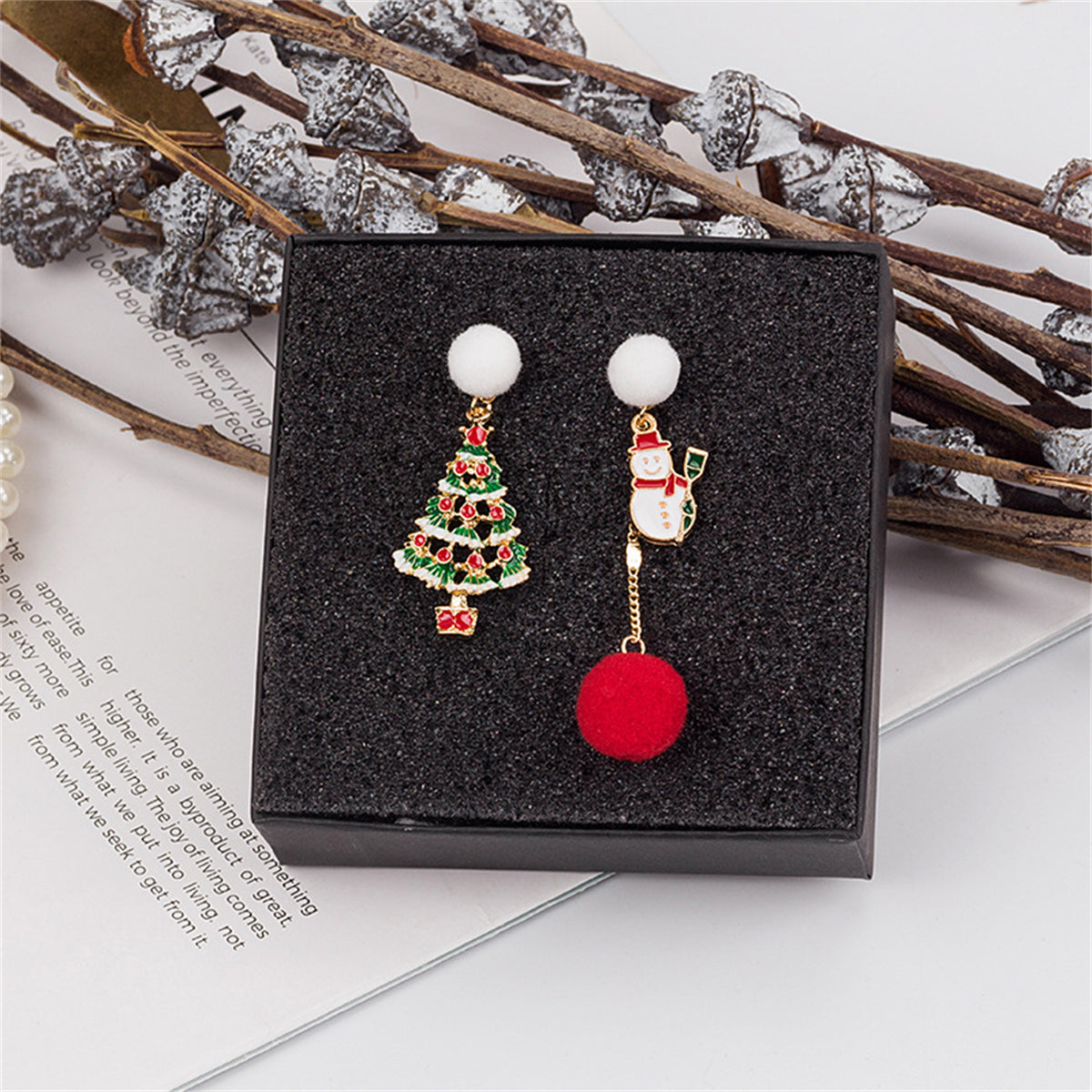 Red & White Christmas Tree Snowman Ball Mismatch Drop Earrings