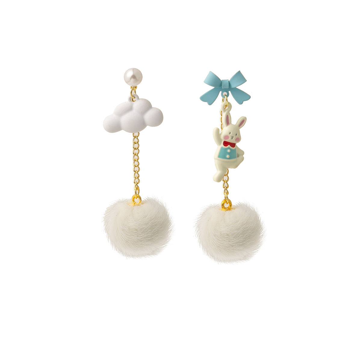 Blue Enamel and Pearl 18K Gold-Plated Rabbit Cloud Asymmetric Drop Earrings, gold drop earrings for women, front view