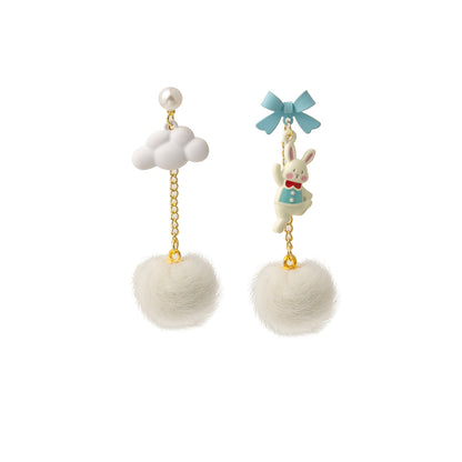 Blue Enamel and Pearl 18K Gold-Plated Rabbit Cloud Asymmetric Drop Earrings, gold drop earrings for women, front view