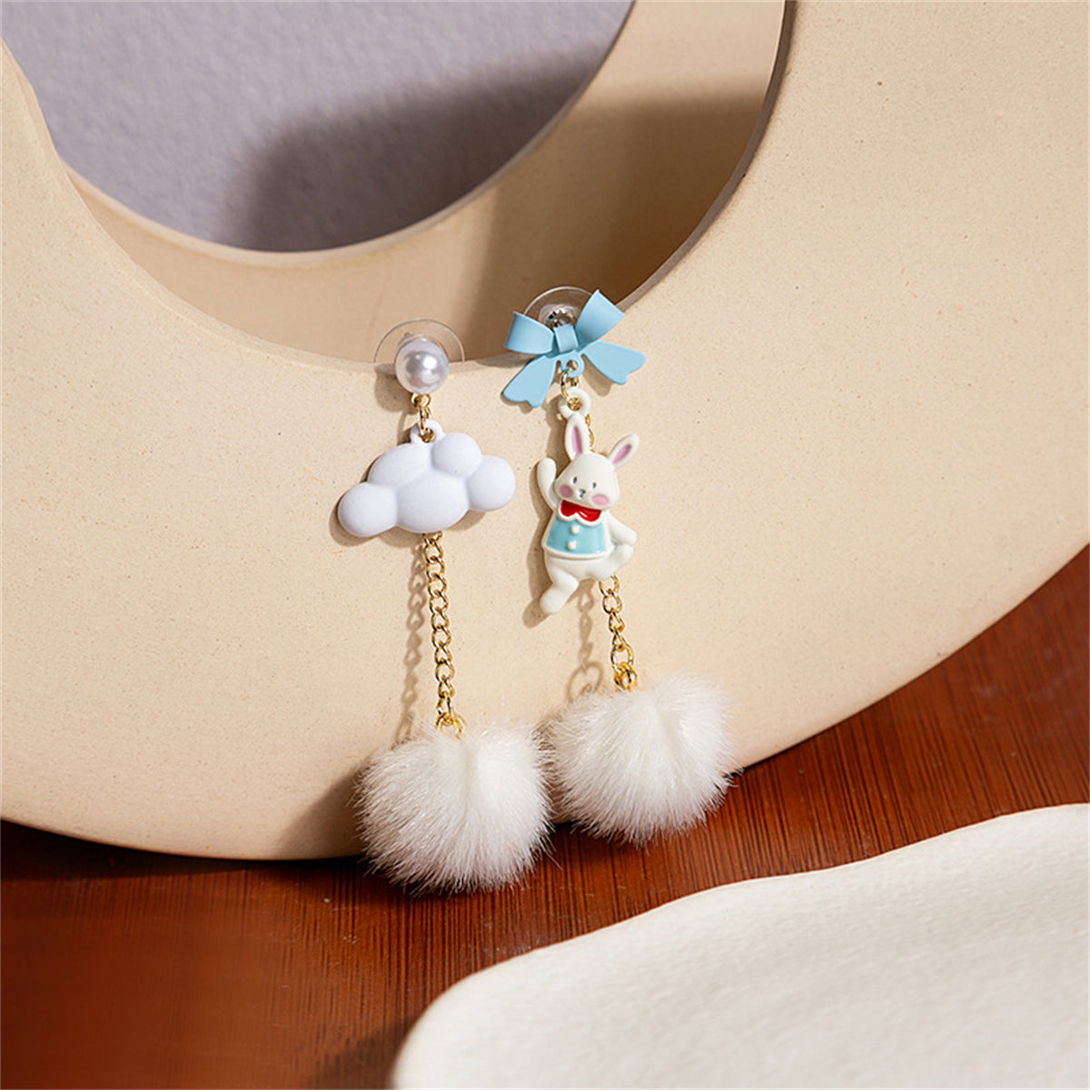 Blue Enamel and Pearl 18K Gold-Plated Rabbit Cloud Asymmetric Drop Earrings, gold drop earrings for women, detail close-up