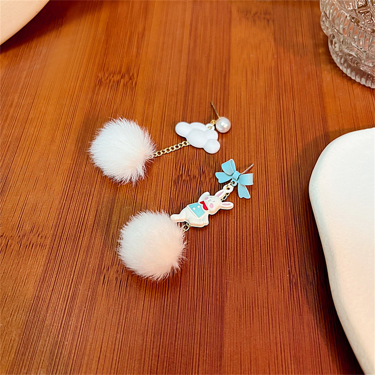 Blue Enamel and Pearl 18K Gold-Plated Rabbit Cloud Asymmetric Drop Earrings, gold drop earrings for women, side view