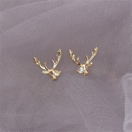 Cubic Zirconia and 18K Gold-Plated Reindeer Stud Earrings, gold stud earrings for women, botanical inspired, front view