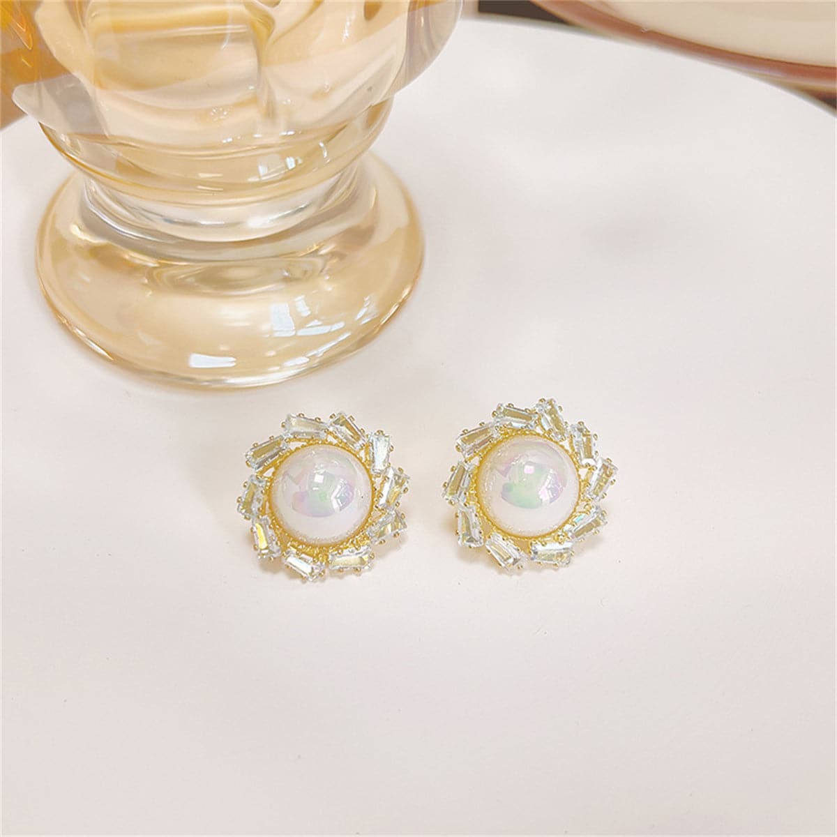 Crystal and Pearl 18K Gold-Plated Round Stud Earrings, gold stud earrings for women, vintage-inspired design, side view