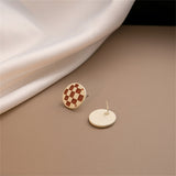 Brown & White Checkerboard Round Stud Earrings