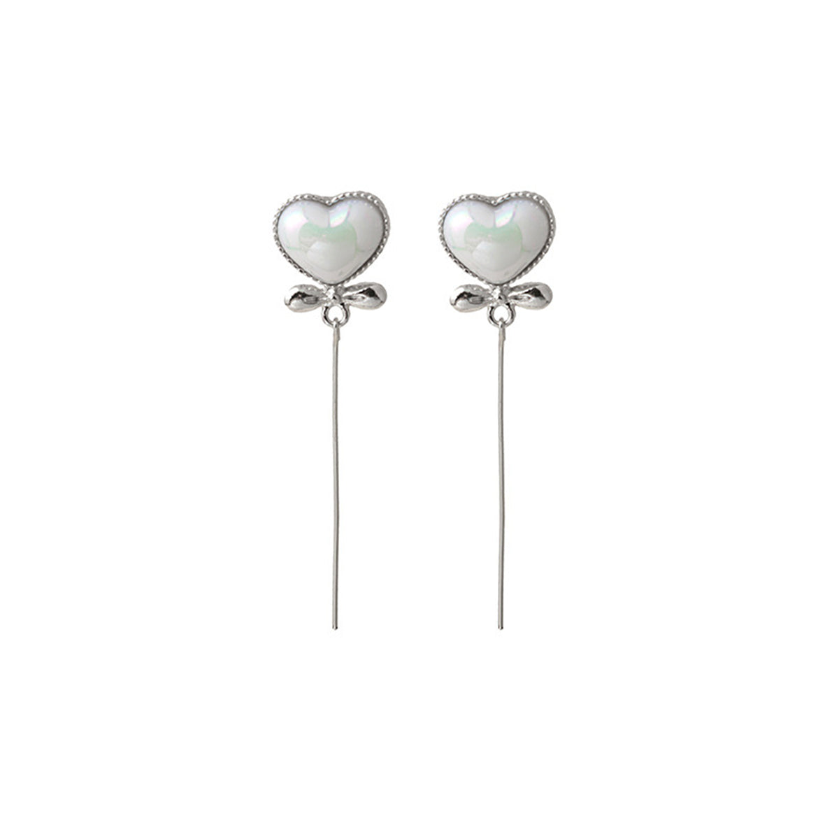 Pearl and Silver-Plated Heart Bow Drop Earrings, silver drop earrings for women, botanical inspired, front view