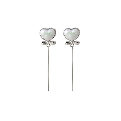 Pearl and Silver-Plated Heart Bow Drop Earrings, silver drop earrings for women, botanical inspired, front view