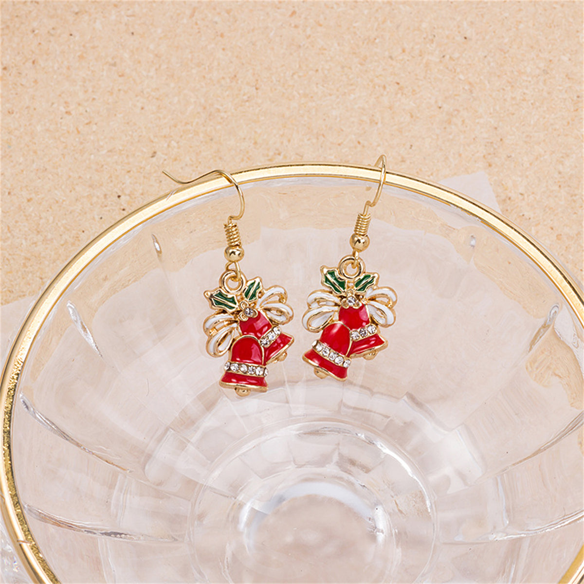 Cubic Zirconia and Red Enamel Jingle Bell Drop Earrings, drop earrings for women, vintage-inspired design, front view