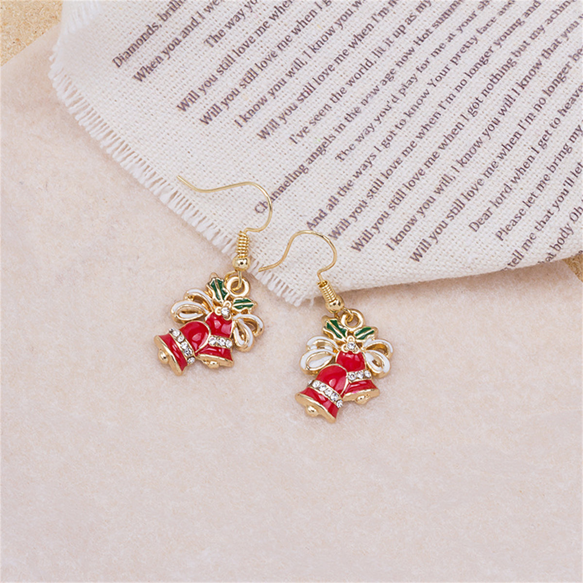 Cubic Zirconia and Red Enamel Jingle Bell Drop Earrings, drop earrings for women, vintage-inspired design, side view