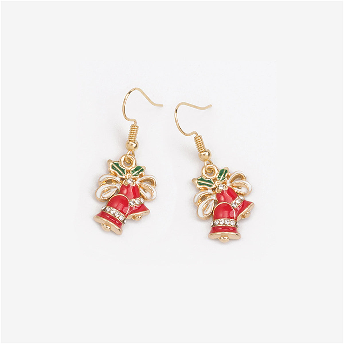 Cubic Zirconia and Red Enamel Jingle Bell Drop Earrings, drop earrings for women, vintage-inspired design, detail close-up