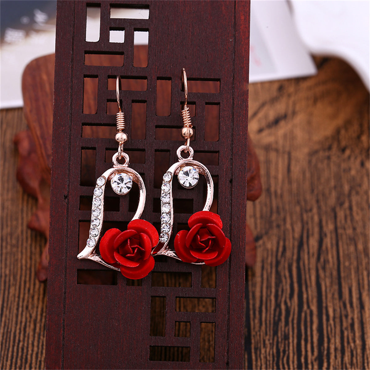 Red Enamel and Cubic Zirconia Rose Heart Drop Earrings, drop earrings for women, botanical inspired, front view