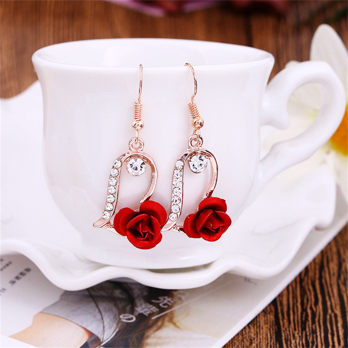 Red Enamel and Cubic Zirconia Rose Heart Drop Earrings, drop earrings for women, botanical inspired, lifestyle look