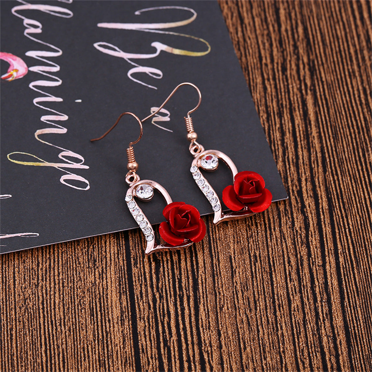 Red Enamel and Cubic Zirconia Rose Heart Drop Earrings, drop earrings for women, botanical inspired, side view