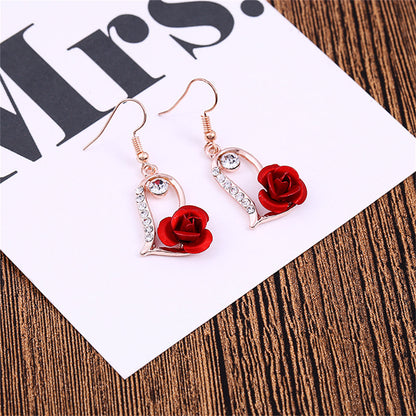 Red Enamel and Cubic Zirconia Rose Heart Drop Earrings, drop earrings for women, botanical inspired, detail close-up