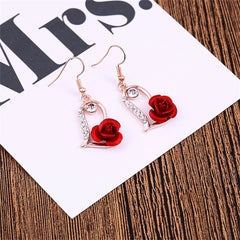 Red Enamel & Cubic Zirconia Rose Heart Drop Earrings