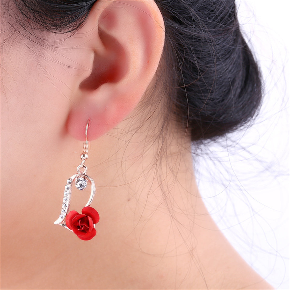 Red Enamel and Cubic Zirconia Rose Heart Drop Earrings, drop earrings for women, botanical inspired, styled look