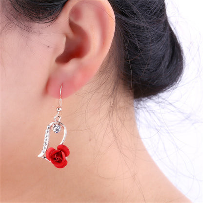 Red Enamel and Cubic Zirconia Rose Heart Drop Earrings, drop earrings for women, botanical inspired, styled look