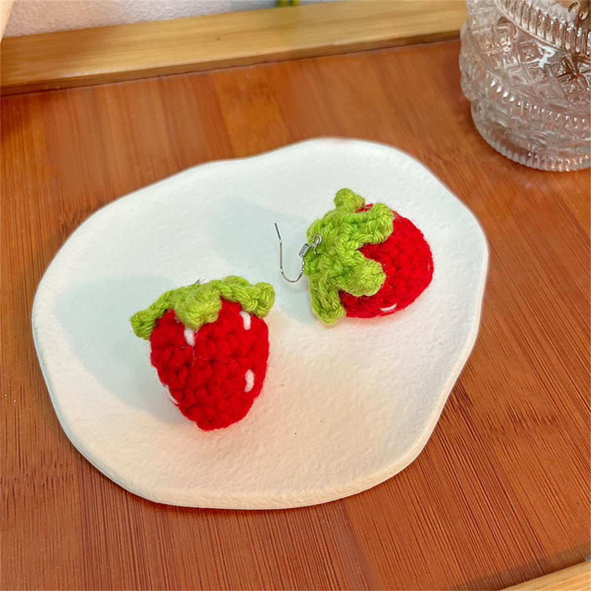 Red and Green Strawberry Knit Drop Earrings, drop earrings for women, botanical inspired, front view
