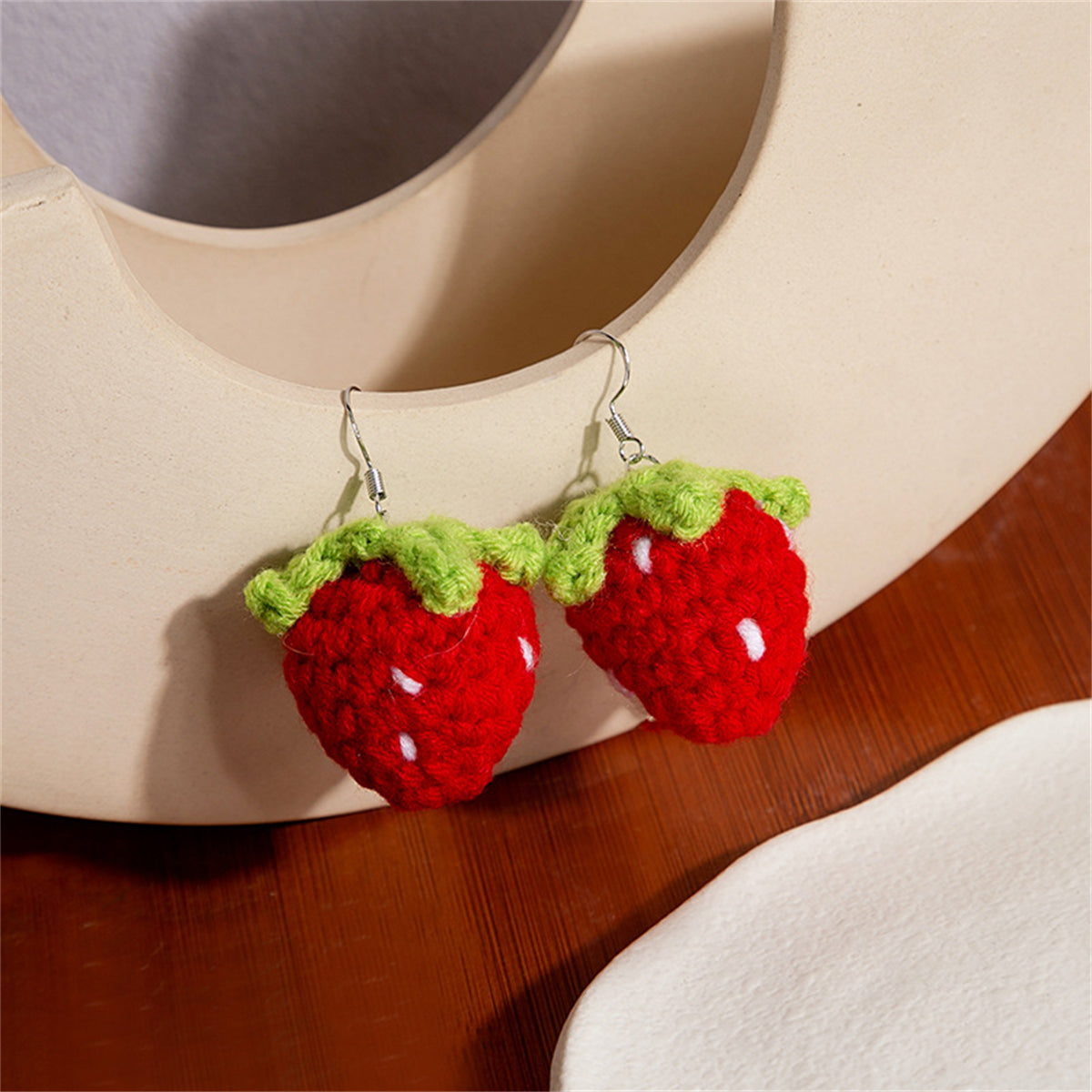 Red and Green Strawberry Knit Drop Earrings, drop earrings for women, botanical inspired, side view