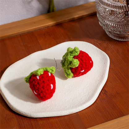 Red and Green Strawberry Knit Drop Earrings, drop earrings for women, botanical inspired, detail close-up