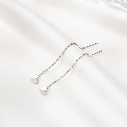 Silver-Plated Heart Threader Earrings, silver drop earrings for women, vintage-inspired design, styled look
