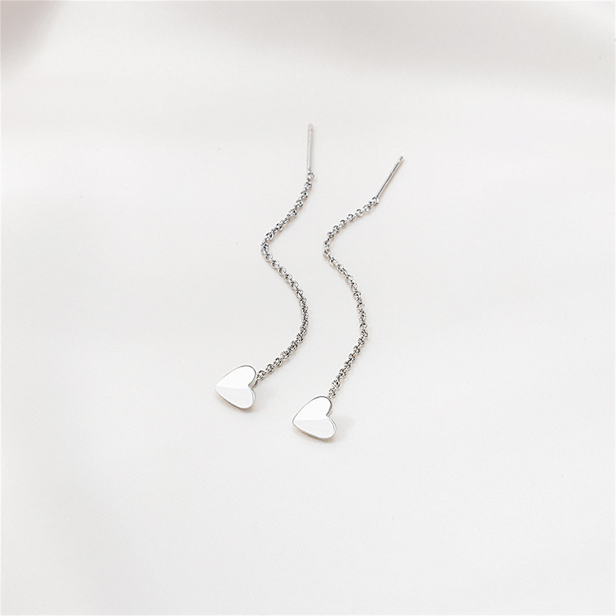 Silver-Plated Heart Threader Earrings, silver drop earrings for women, vintage-inspired design, side view