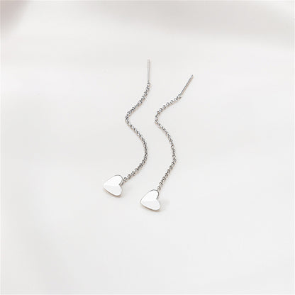 Silver-Plated Heart Threader Earrings, silver drop earrings for women, vintage-inspired design, side view