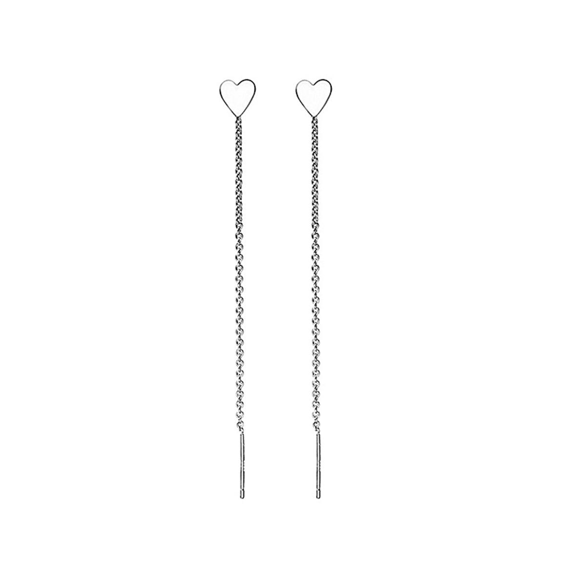 Silver-Plated Heart Threader Earrings, silver drop earrings for women, vintage-inspired design, front view