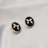 Black Enamel & 18k Gold-Plated Bow Round Stud Earring