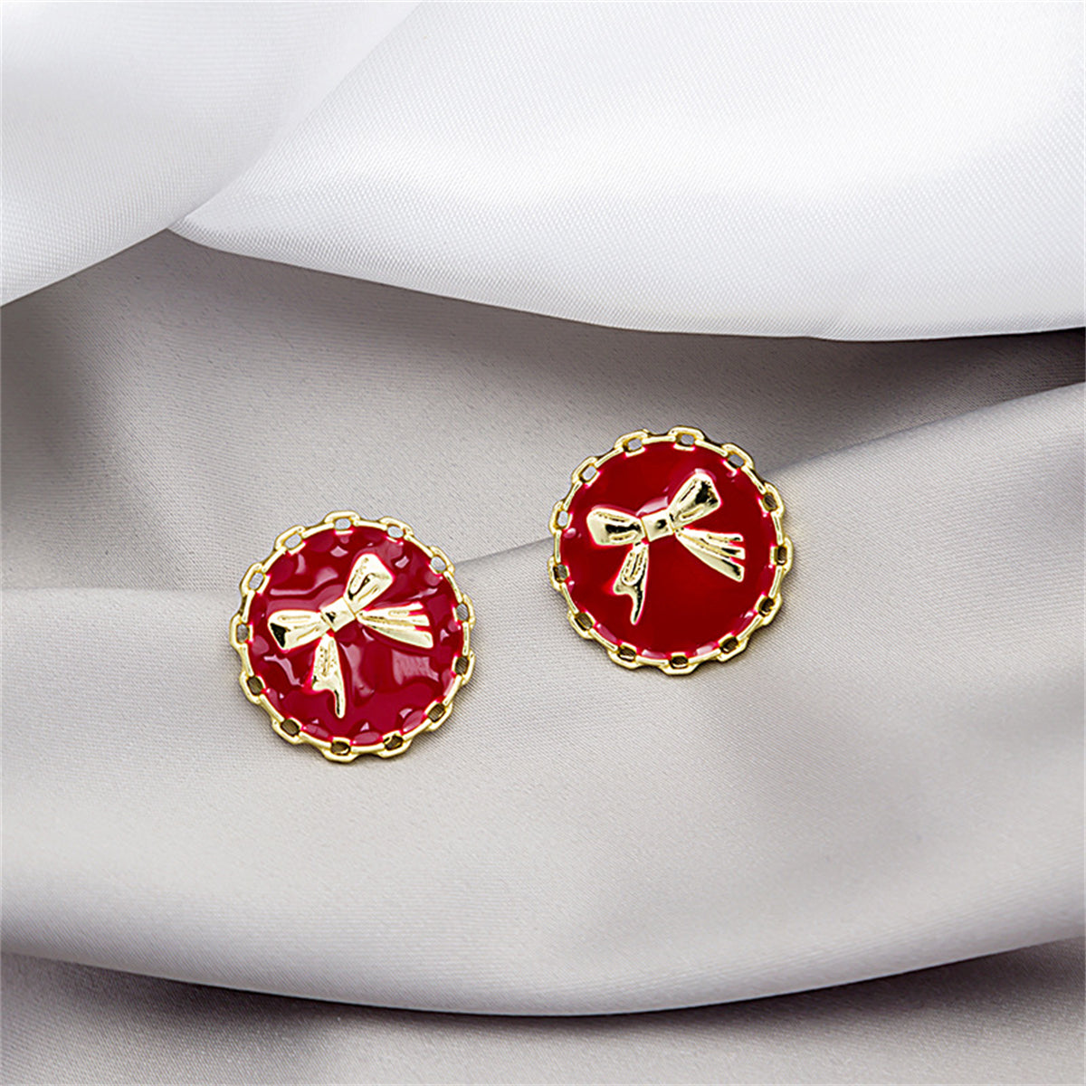 Red Enamel and 18K Gold-Plated Bow Round Stud Earring, gold stud earrings for women, elegant gift for her, front view