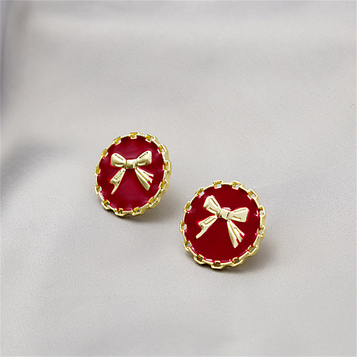 Red Enamel and 18K Gold-Plated Bow Round Stud Earring, gold stud earrings for women, elegant gift for her, detail close-up