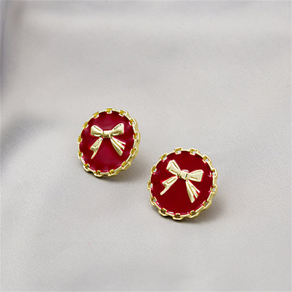 Red Enamel and 18K Gold-Plated Bow Round Stud Earring, gold stud earrings for women, elegant gift for her, detail close-up