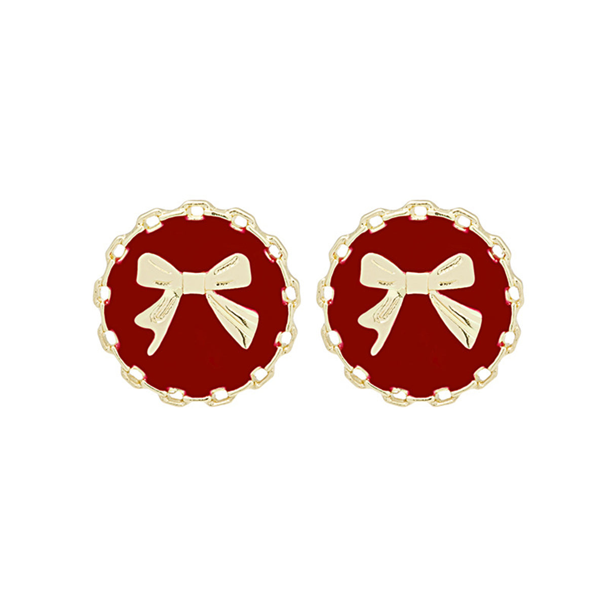Red Enamel and 18K Gold-Plated Bow Round Stud Earring, gold stud earrings for women, elegant gift for her, side view