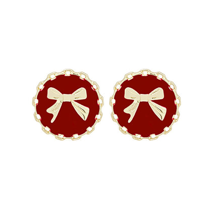 Red Enamel and 18K Gold-Plated Bow Round Stud Earring, gold stud earrings for women, elegant gift for her, side view