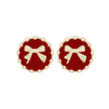 Red Enamel & 18k Gold-Plated Bow Round Stud Earring