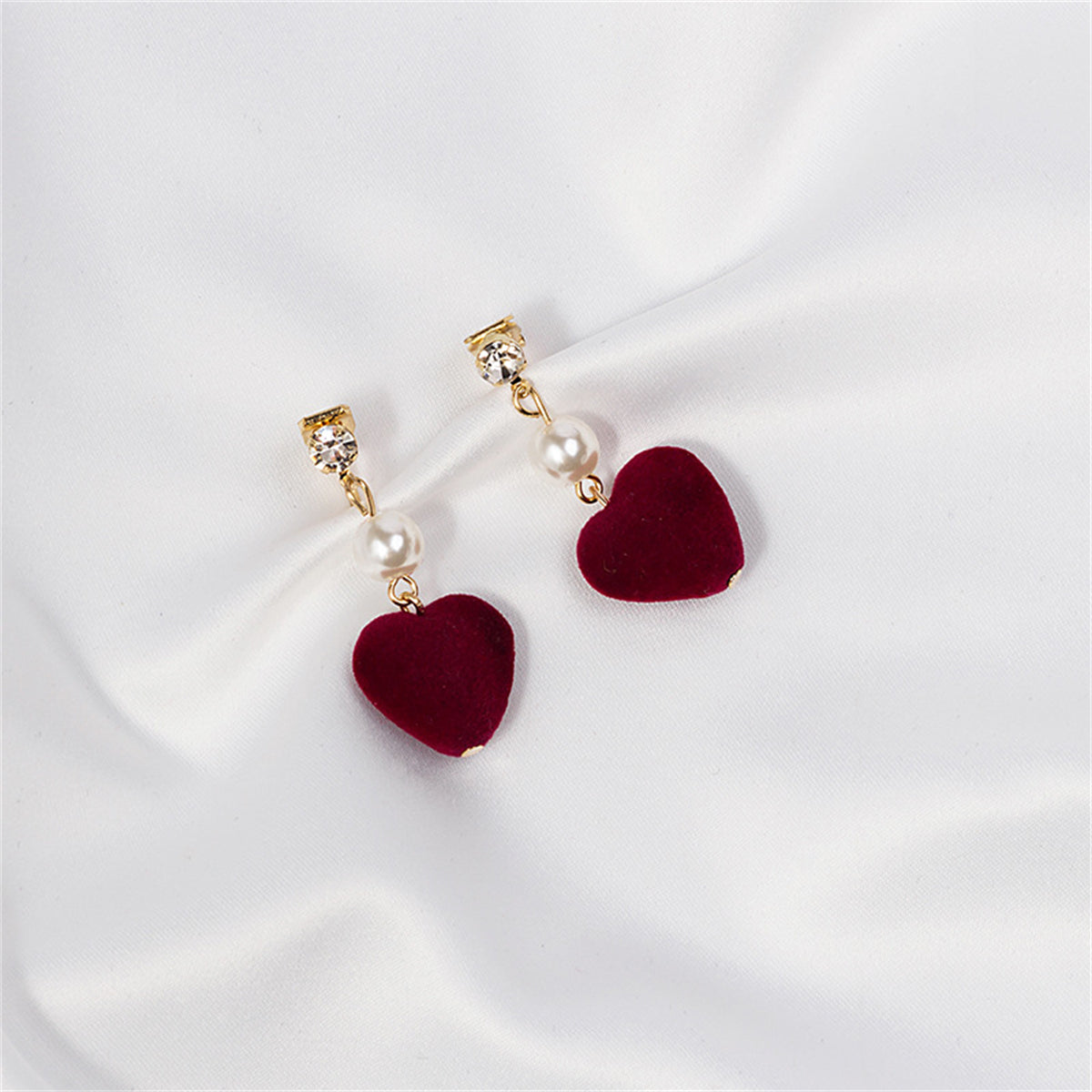 Wine Red & Pearl Textured-Heart Drop Earrings